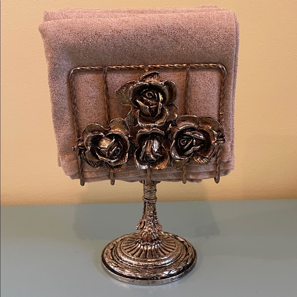 Vintage Hollywood Regency Metal Roses Pedestal Hand Towel Letter Napkin Holder